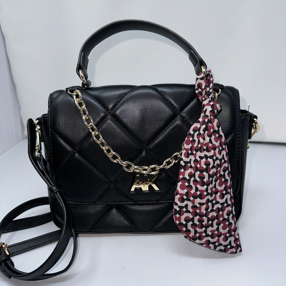 Anne Klein Quilted Shoulder Bag With Scarf And Chain Black